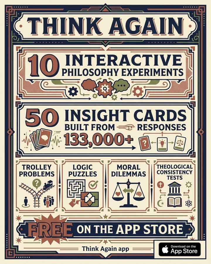 Think Again app poster showing 10 interactive philosophy experiments, 50 insight cards, and 133,000 plus responses.